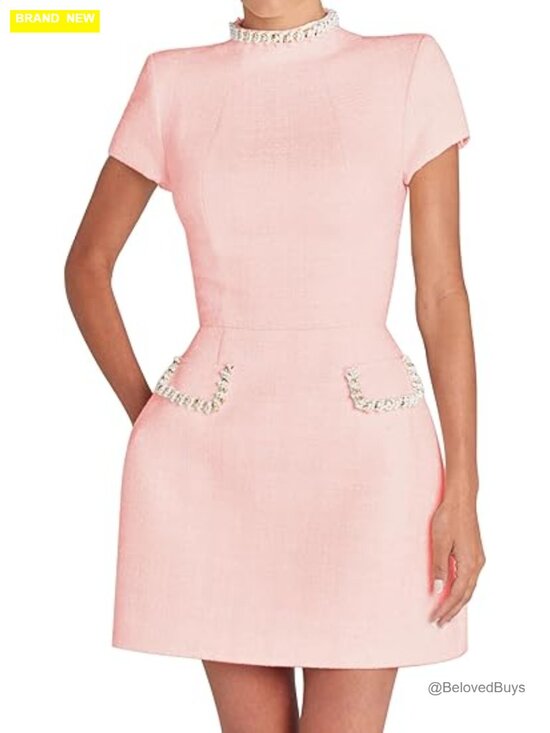 Dresses & Skirts - Faux Pearl Trim Tweed Bodycon Mini Dress - Sexy Clubwear